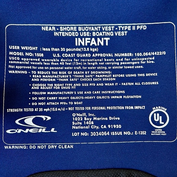 O'Neill USCG Approved Infant Life Vest/ Boating Vest - Picture 4 of 5